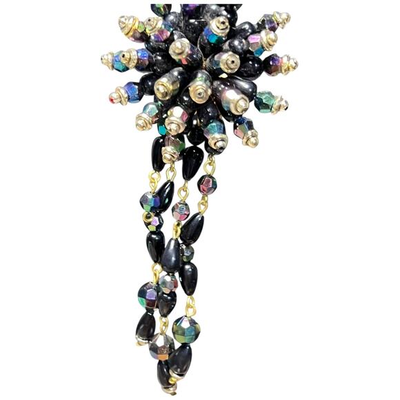Black Iridescent Chandelier Clip On Earrings Vintage Statement - Picture 11 of 12